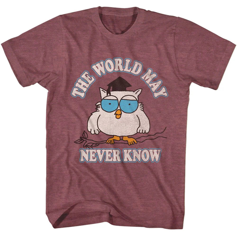 Tootsie Roll – “The World May Never Know” Retro Owl Graphic Tee (Maroon)